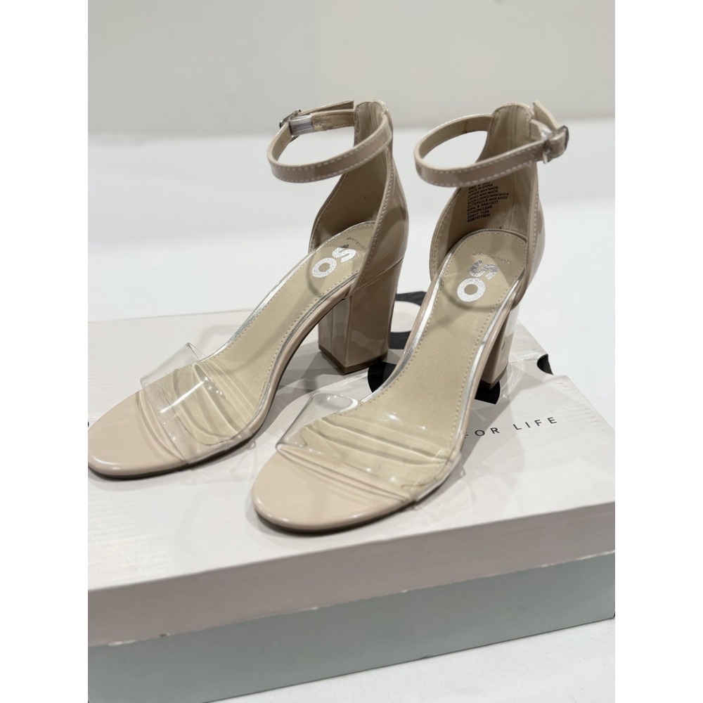 SO Women's Ankle Strap Buckle Block Heel Strappy Sandals Beige Clear 6 pumps